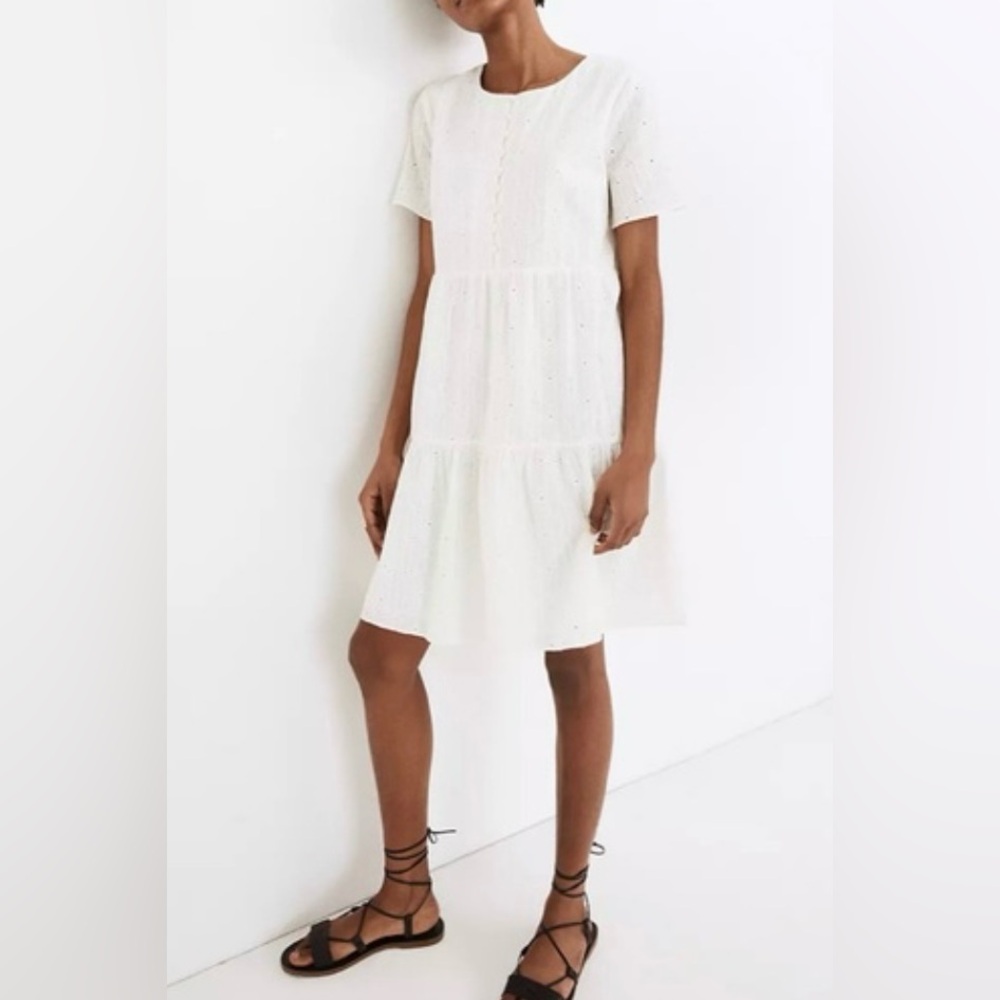 Madewell Ivory Embroidered Eyelet Tiered Mini Dress